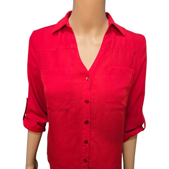 IZ Byer women's XS red chiffon button down roll tab thin blouse top pocket - Picture 2 of 6